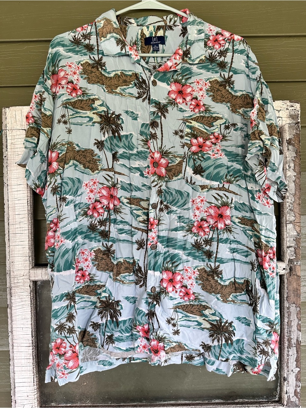 George Seafoam Green Tropical Floral Button-Down Shirt with Pink Accents